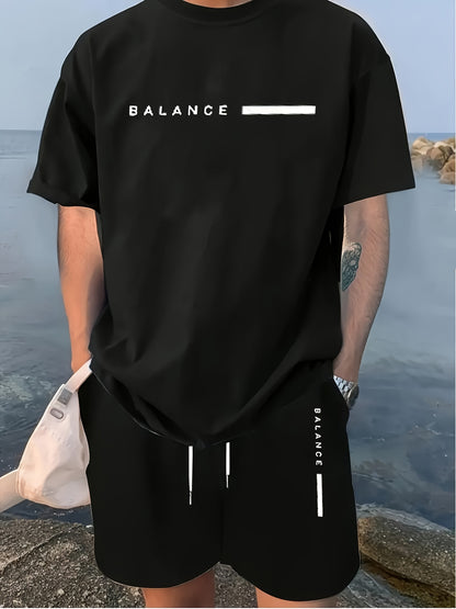 [2pcs Print Men'S Casual Sweatsuits] 2pcs Men'S Casual Sweatsuits, Polyester Crew Neck T-Shirt and Shorts Set, Comfortable Knit Fabric with Slight Stretch, with Print Design, for Summer Outfit Sets