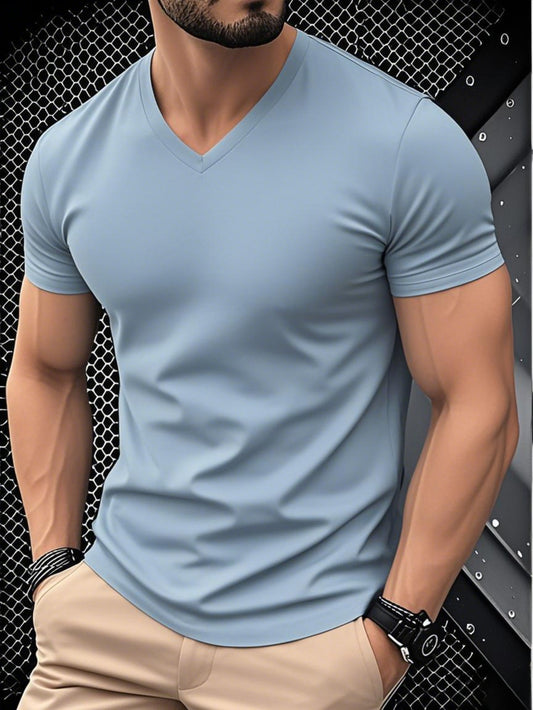 1pc Men's Light Blue Solid Color V-Neck Casual T-Shirt - Breathable Regular Fit Short Sleeve Tee for Spring Summer, Gym, Office & Casual Attire