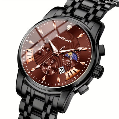 BANBONY Automatic Quartz Watch for Men & Women - Stainless Steel Strap, Blue & Golden HD Large Dial, IPX7 Waterproof, Rhinestone Accents, Date Calendar, Luminous Hands - Casual Fashion Unisex Watch for Birthday Holiday Gifts,