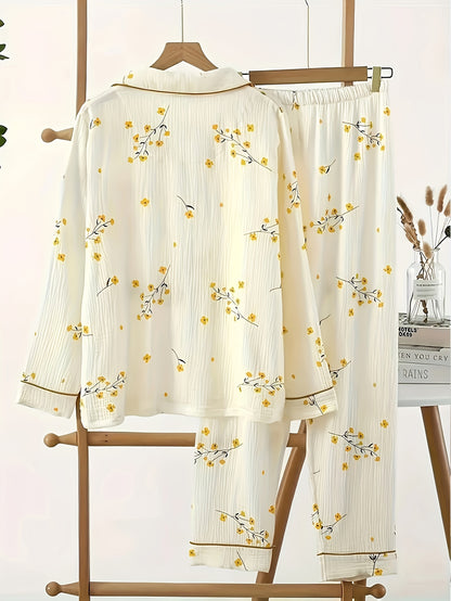 Sweet Floral Print Textured Pajama Set For Fall & Winter, Long Sleeve Button Up Lapel Collar Top & Elastic Pants, Women's Sleepwear & Loungewear