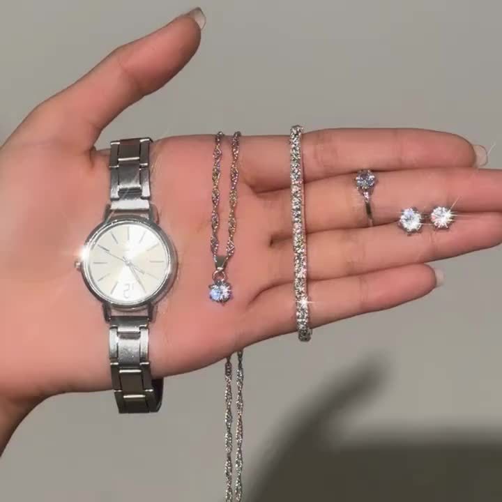 6pcs New Stylish And Simple Women'S Quartz Watch Set with Sparkling Rhinestone Accessories, Perfect for Weddings, Christmas, Thanksgiving, Valentine'S Day, Ramadan, Gifts for Girlfriends And Family, And The Best Choice for Bi