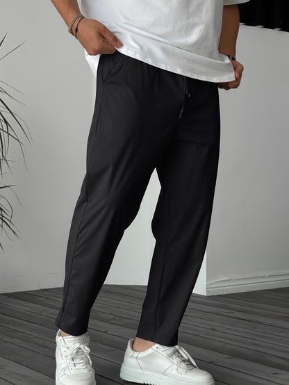 Men's Solid Pants With Pockets, Casual Drawstring Trousers For Outdoor Activities Gift