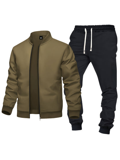 Men's Spring/Fall Casual Zip-Up Jacket & Drawstring Sweatpants Set in Olive Green & Black - Durable Polyester, Machine Washable, with Pockets for Everyday Style