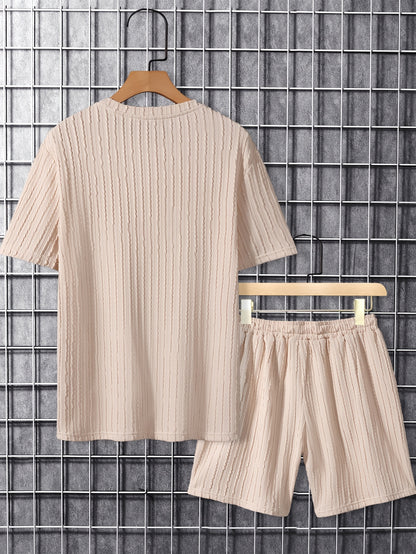 Men'S Casual Polyester Crew Neck Embroidered Alphabet Pattern Slight Stretch Knit Fabric Regular Fit Lash Sets for Spring