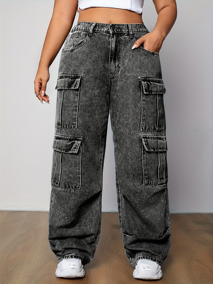 Women's Plus Size Casual Cargo Jeans with Multiple Pockets - High-Rise, Loose Fit Denim in Black, Light Blue & White, Perfect for Casual Attire, Casual Denim Wear | Utility Style Pants | Smooth Texture Jeans