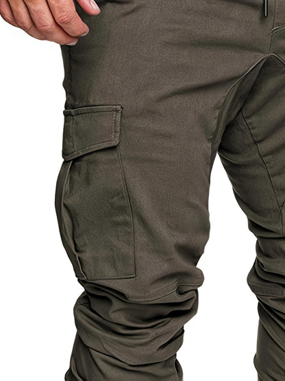 Men'S Casual Cargo Pants, 95% Cotton 5% Spandex, Skinny Fit, Solid Color, Long Length, Woven Fabric, Non-Stretch, with Pockets, 215g/m² Weight