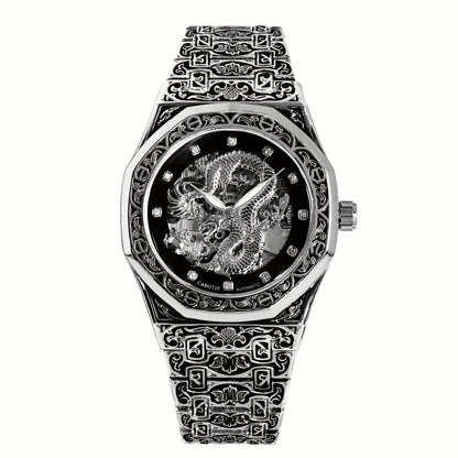 1pc Youth Men's Yellow Steel Strap Business Style Elegant Glow-in-the-Dark Carved Dragon Mechanical Watch