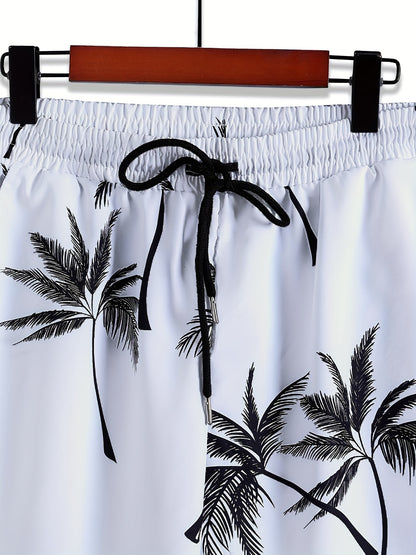 Men'S Summer Tropical Palm Tree Print Pajama Set, Polyester 100% Short Sleeve Shirt & Drawstring Waist Shorts, Vacation Style Lapel Collar, Non-Stretch Woven Fabric, Regular Fit - 120gsm
