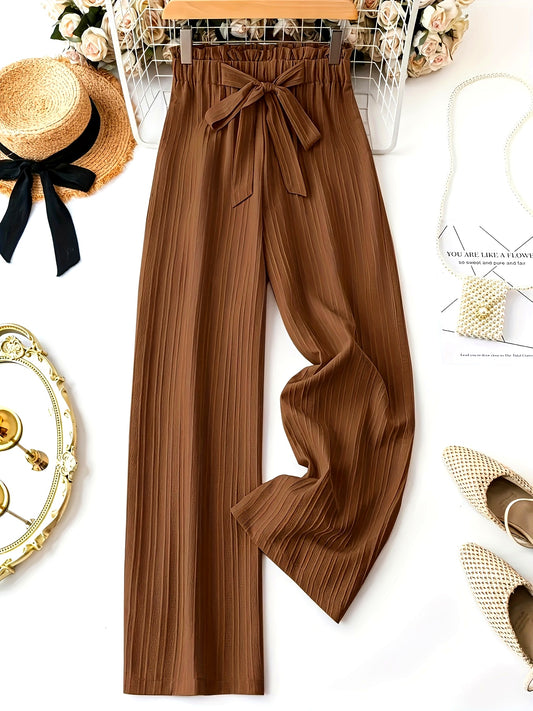 Women'S Fashion Pleated Pants, Polyester, Casual Solid Color, Spring/Summer/Autumn, Belted, Wide Leg, Adult, Woven Fabric