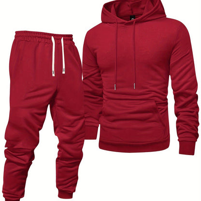 Men's Long Sleeve Hooded Sweatshirt + Threaded Sweatpants Set Spring and Autumn Solid Color Pullover Regular Long Sleeve T-shirt and Pants Belt Drawstring Casual Sports Trousers Two-piece Set