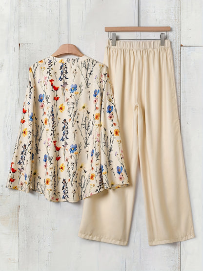 Women'S New Elegant Holiday Casual Floral Print Long Sleeve Shirt And Solid Color Elegant Casual Loose Pants Set.