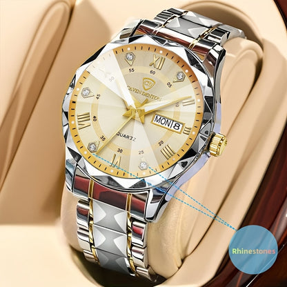 Men'S Quartz Business Watch with Rhinestone-Embellished Luminous Dial, Stainless Steel Strap & Case, Date & Day Display, IPX7 Water-Resistant - Ideal for Travel, Work, Outdoor - Perfect Gift for Birthdays, Holidays, Anniversa