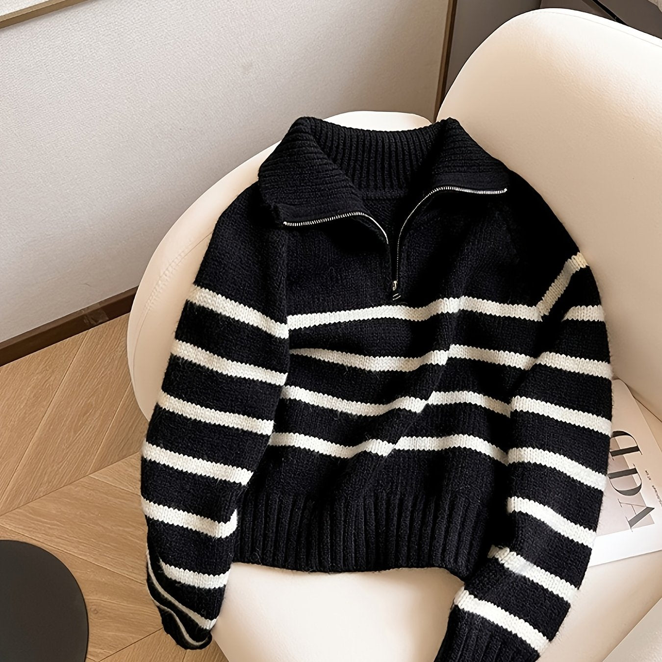 Striped Color Block Collared Sweater for Women Autumn Winter New Arrival Thick Half Zip Loose Soft Knit Top