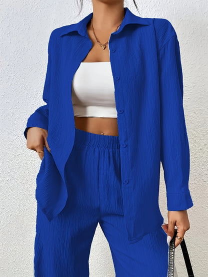Women'S Casual Solid Color Long Sleeve Shirt + Long Pants 2pcs Set for Spring And Autumn.