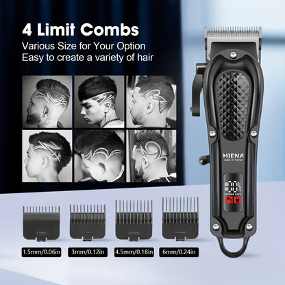 HIENA Men's Grooming Kit: Rechargeable Hair Clipper, Beard Trimmer & Nose Hair Set with LCD Display - USB Charging, 1500mAh Battery, Includes Combs - Ideal Father's Day Gift