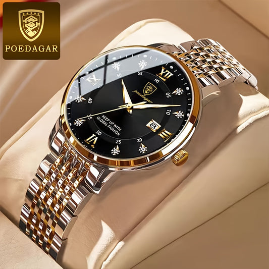 POEDAGAR Elegant Luxury Quartz Watch for Women - Waterproof, Luminous Calendar, Ultra-Thin Movement, Stainless Steel Band, Round Alloy Case, Ideal for Parties and Holidays