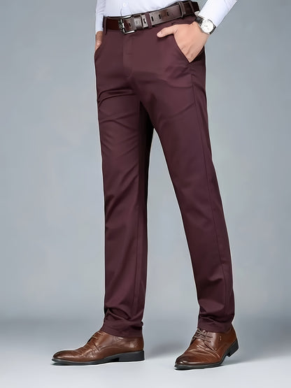 [Durable Build] Men's All-Season Casual Dress Pants - Business Style Stretch Trousers, Comfortable Classic Design, Light Brown Polyester Blend, Machine Washable, Smooth Finish, Regular Fit for Office or Leisure Wear
