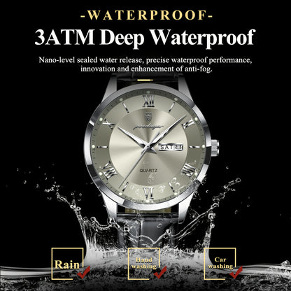 Luxury Leather Strap Men's Watch Waterproof Luminous Calendar Week Wristwatch Simple Business Fashion Sports Men's Watch