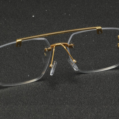One Pair of Men's Metal Square Frameless Double Bar Vintage High-Quality Exquisite Lightweight Fashion Glasses Suitable for Daily Wear
