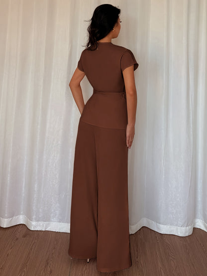 Stylish Women's Elegant Comfortable Solid Color Top and Loose Wide-Leg Pants Two-Piece Set, Suitable for Outings, Dates, Vacation