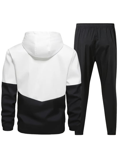 2pcs Men's Hooded Tracksuit - Lightweight Polyester Active Wear Set For Spring/Autumn With Pockets, Long Sleeve Jacket And Jogger Pants