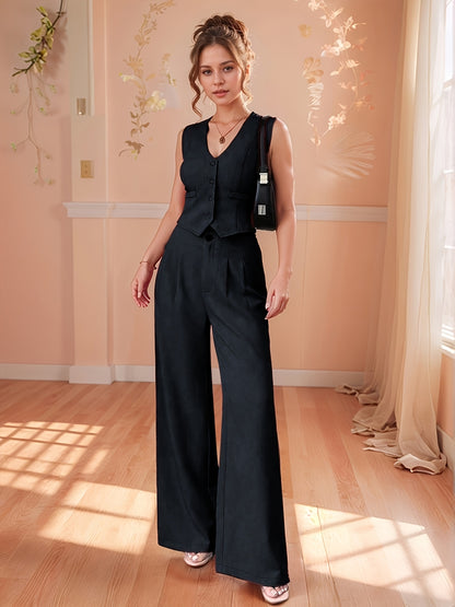 Design-Savvy Red Mini-Chic Sleeveless Suit Vest and Wide-Leg Pants Two-Piece Set