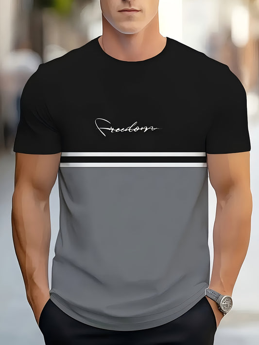 Men's Casual Summer Color Block T-Shirt - Short Sleeve, 2XL, Vintage Style, Black & Gray with "FREEDOM" Print, Lightweight Polyester, Round Neck, Machine Washable, Casual Streetwear|Twotone Top|Polyester Fabric