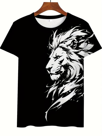 New Lion 3D Print Pattern, Casual Short Sleeve Round Neck T-Shirt, Outdoor Men's Clothing