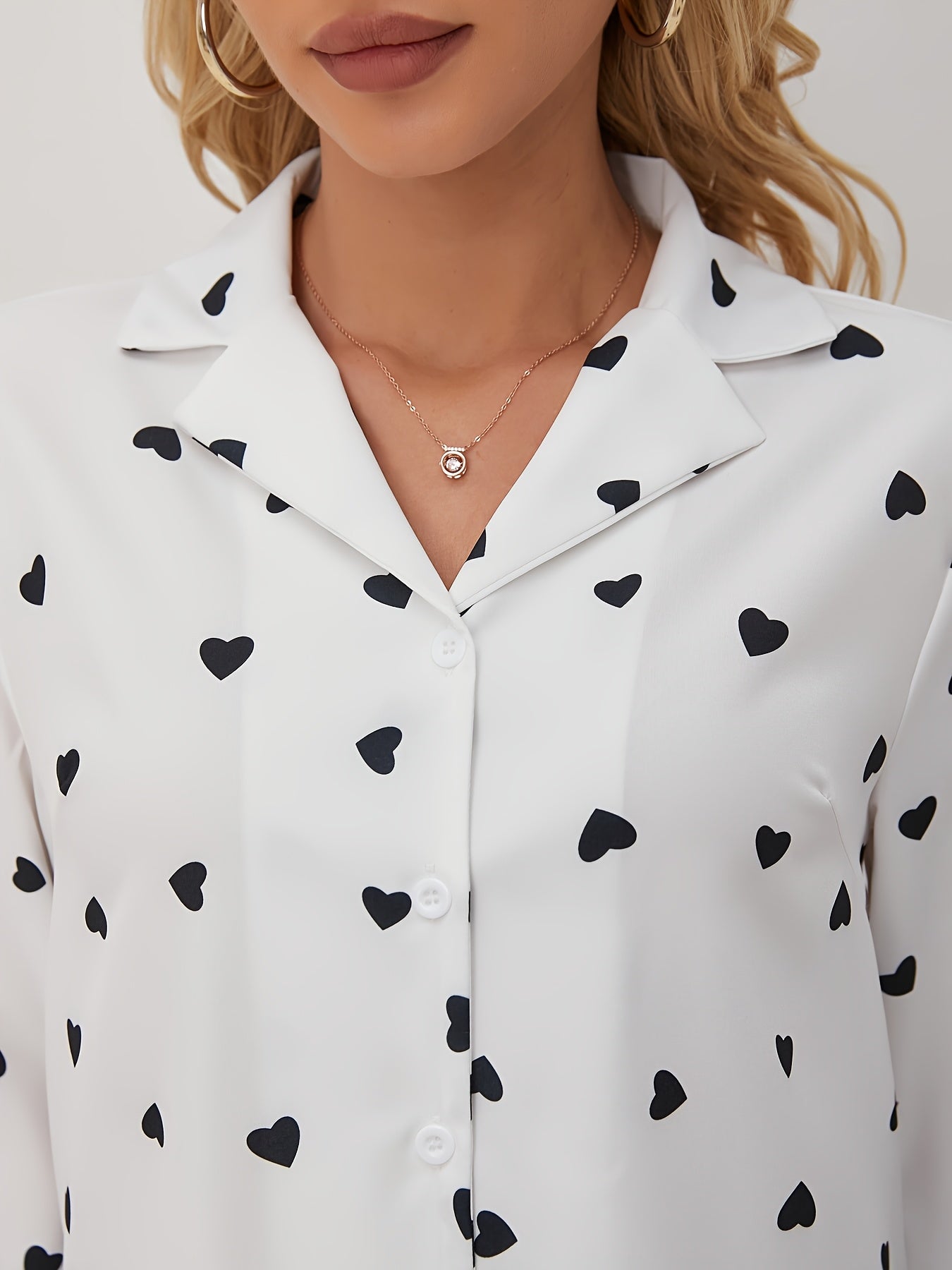 Elegant Women's Heart Pattern Long Sleeve Button-Up Shirt - Semi-Sheer, Polyester, Machine Washable - Perfect for Spring/Fall