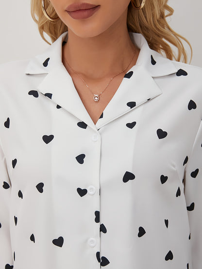 Elegant Women's Heart Pattern Long Sleeve Button-Up Shirt - Semi-Sheer, Polyester, Machine Washable - Perfect for Spring/Fall