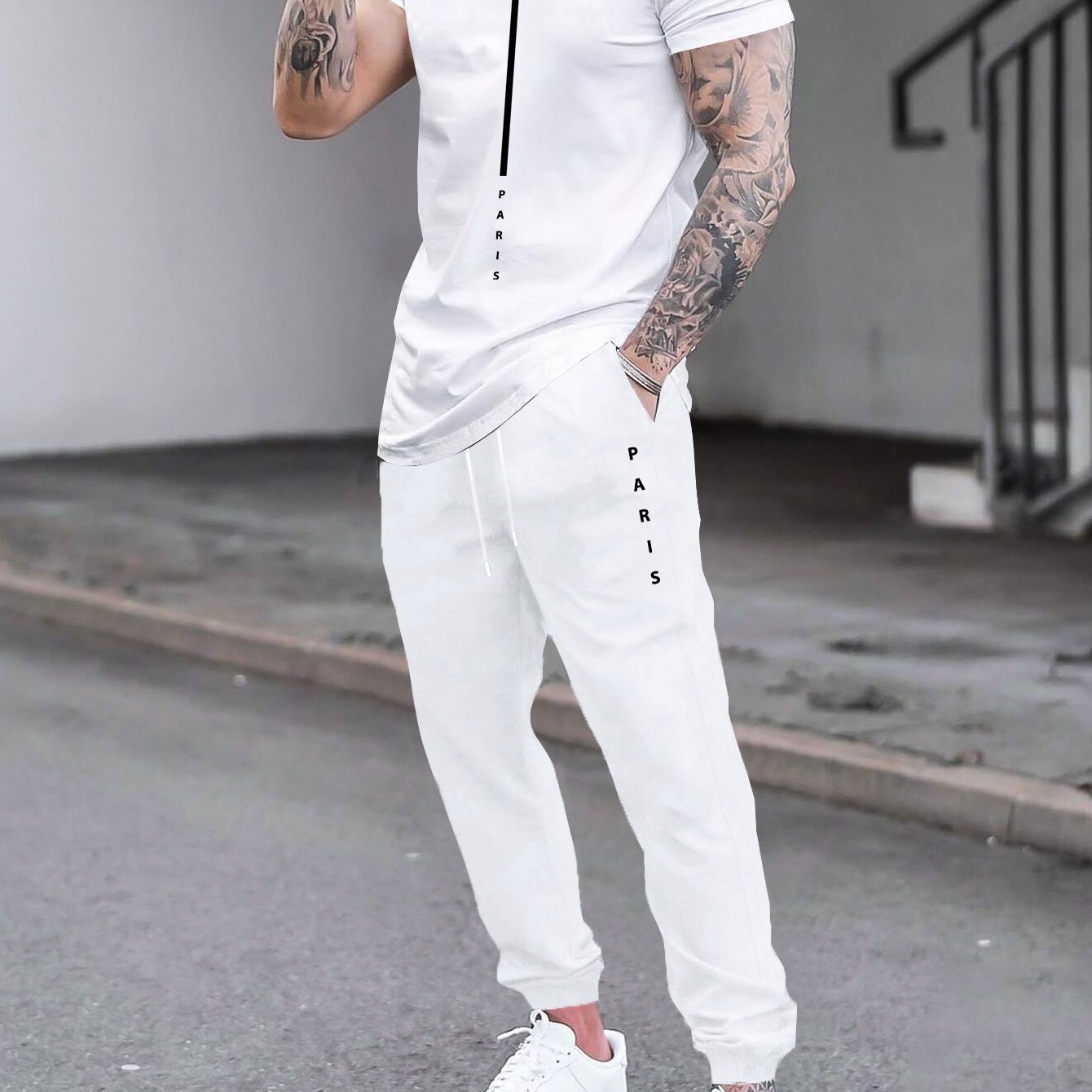 1set Men'S Casual Sportswear Set, Geometric Pattern Short Sleeve T-Shirt and Drawstring Joggers, Knitted Polyester and Elastane Blend, Round Neck, Regular Fit, Four Seasons Outfit