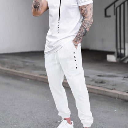 1set Men'S Casual Sportswear Set, Geometric Pattern Short Sleeve T-Shirt and Drawstring Joggers, Knitted Polyester and Elastane Blend, Round Neck, Regular Fit, Four Seasons Outfit