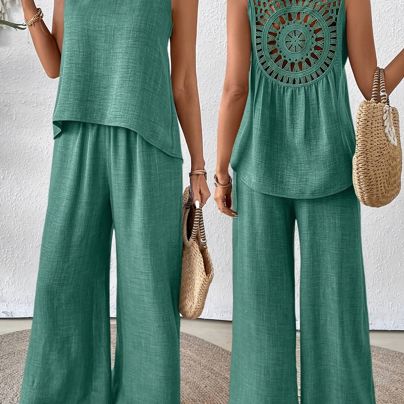 Women'S Summer Backless Cut-Out Panel Tank Top + Wide Leg Pants Set - Casual, Simple, Sleeveless, Polyester, Light Beige, Perfect for Spring/Summer, Casual Attire|Backless Top|Polyester Fabri