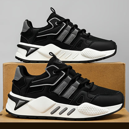 Men's Low-Top Skate Sneakers - White/Black Accent Lace-Up Shoes, Cushioned EVA Insole & Non-Slip Rubber Outsole for All-Season Urban Streetwear, Gym, Everyday - Breathable PU Upper Casual Shoes, Gym Footwear, Street Style, Du