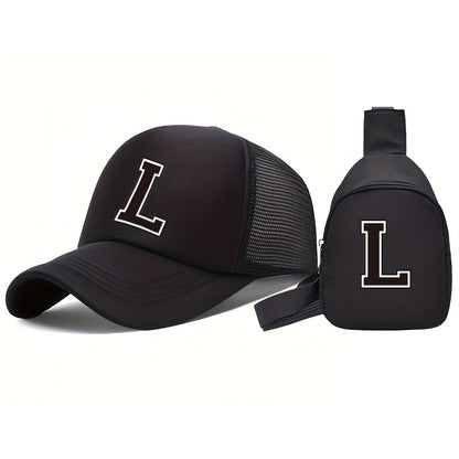 2pcs Youngsters' 26 Letter Print Truck Hat and Chest Bag Set, Fashionable Casual Sun Hat with Portable Storage Wallet, Suitable for Boys Girls Spring Summer Daily Outings, Perfect Back-to-School Season Gift