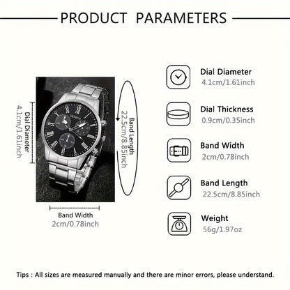 2pcs Elegant Men's Quartz Watch Set, Classic Round Dial Design with Durable Stainless Steel Band, Zinc Alloy Case, Precision Electronic Movement, Casual Fashion Style, Ideal Gift for Father's Day/Valentine's/Ramadan/Birthday/