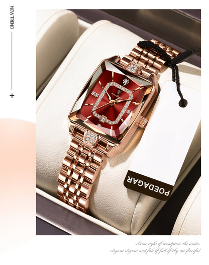POEDAGAR Women's Ultra-Thin Stainless Steel Quartz Watch - 3ATM Waterproof, Luminous Red Dial with Date Calendar, Champagne Band & Case - Elegant Luxury Wristwatch for Teens & Adults, Perfect for Valentine's Day, Mother's Day