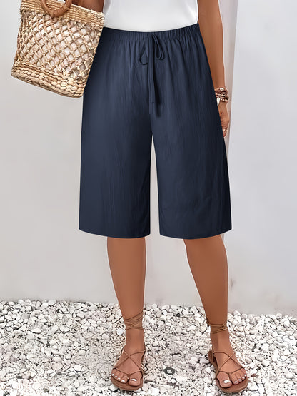 Women's Casual Solid Color Shorts with Faux Drawstring, Polyester, Machine Washable - All Seasons, Beach Pants, Leisure Style, ALL/Global/All