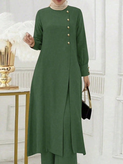 Ramadan, Women's Front-Button Long Sleeve Slit Dress & Pants Casual Arabic Style 2pcs Set, Only Clothes, Without Headscarf