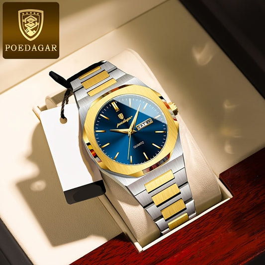 POEDAGAR Men'S Luxury Quartz Watch - Waterproof, Luminous Calendar, Stainless Steel Band, Business Style, Blue & Golden Accents, 3ATM, Non-Rechargeable Button Battery, Perfect for Spring Festival & Valentine'S Day Gifts