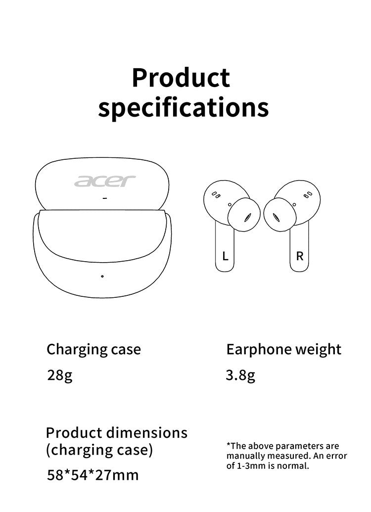 ACER HiFi բարձր թույլտվությամբ ստերեո ձայնային TWS անլար ականջակալներ՝ զանգերի աղմուկի չեղարկմամբ, երկար սպասման ժամանակ, երկմիջուկ 5.4 անլար չիպ, HIFI կարգի ստերեո ձայն, թեթև հպումային դիզայն, նորաձև դիզայն, հարմարավետ