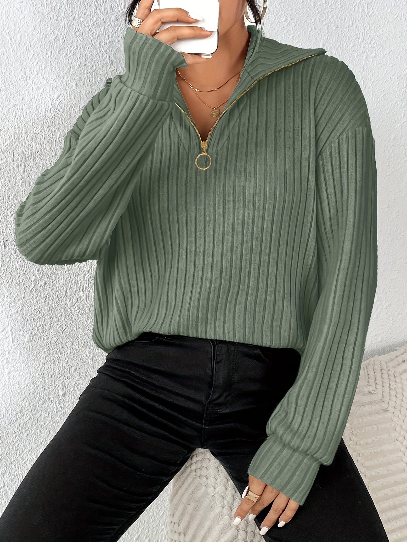 [Everyday Elegance] Women's Elegant Ribbed Knit Collared T-Shirt - Black, Long Sleeve, Zip-Up Design, Soft Polyester Blend, Machine Washable, Perfect for Spring & Fall, Ladies T Shirts