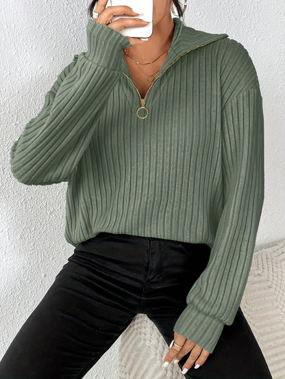 [Everyday Elegance] Women's Elegant Ribbed Knit Collared T-Shirt - Black, Long Sleeve, Zip-Up Design, Soft Polyester Blend, Machine Washable, Perfect for Spring & Fall, Ladies T Shirts