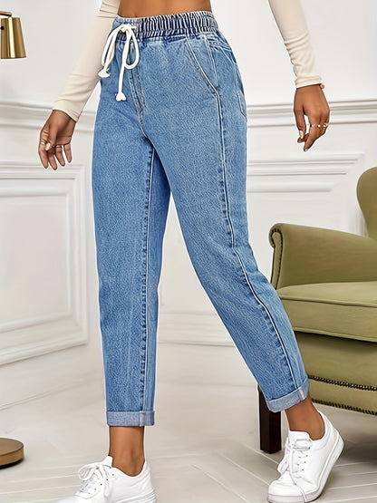 Women's Casual High-Waist Jeans with Cuffed Hem and Drawstring Waistband - Stretch Denim, Machine Washable
