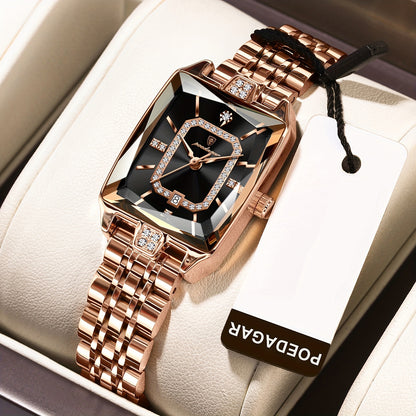 POEDAGAR Women's Ultra-Thin Stainless Steel Quartz Watch - 3ATM Waterproof, Luminous Red Dial with Date Calendar, Champagne Band & Case - Elegant Luxury Wristwatch for Teens & Adults, Perfect for Valentine's Day, Mother's Day