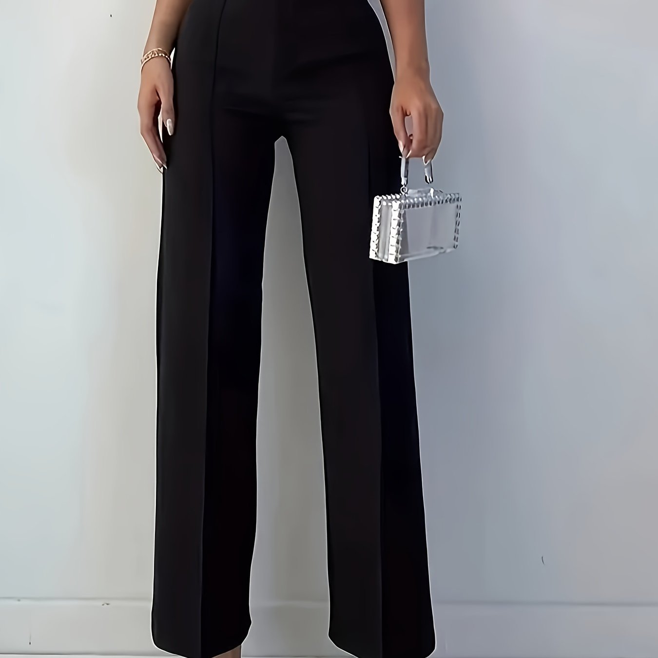 Elegant Women's Black Straight-Leg Pants - High-Waisted, Sleek Polyester, Machine Washable - Perfect for Professional & Social Events