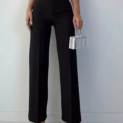 Elegant Women's Black Straight-Leg Pants - High-Waisted, Sleek Polyester, Machine Washable - Perfect for Professional & Social Events