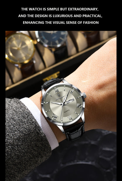 Luxury Leather Strap Men's Watch Waterproof Luminous Calendar Week Wristwatch Simple Business Fashion Sports Men's Watch