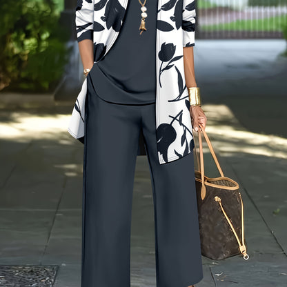 Women'S 3pcs Set, Floral Print Cardigan with Solid Color Cami and Wide-Leg Pants Casual Outfit