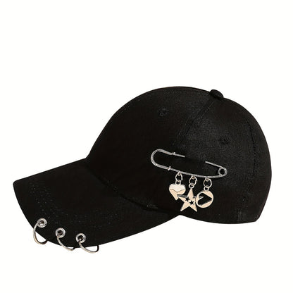 Adjustable Black Polyester Baseball Cap for Women - Trendy Korean Style with Heart & Star Pin, Versatile Fashion Accessory for Spring/Summer, Baseball Cap